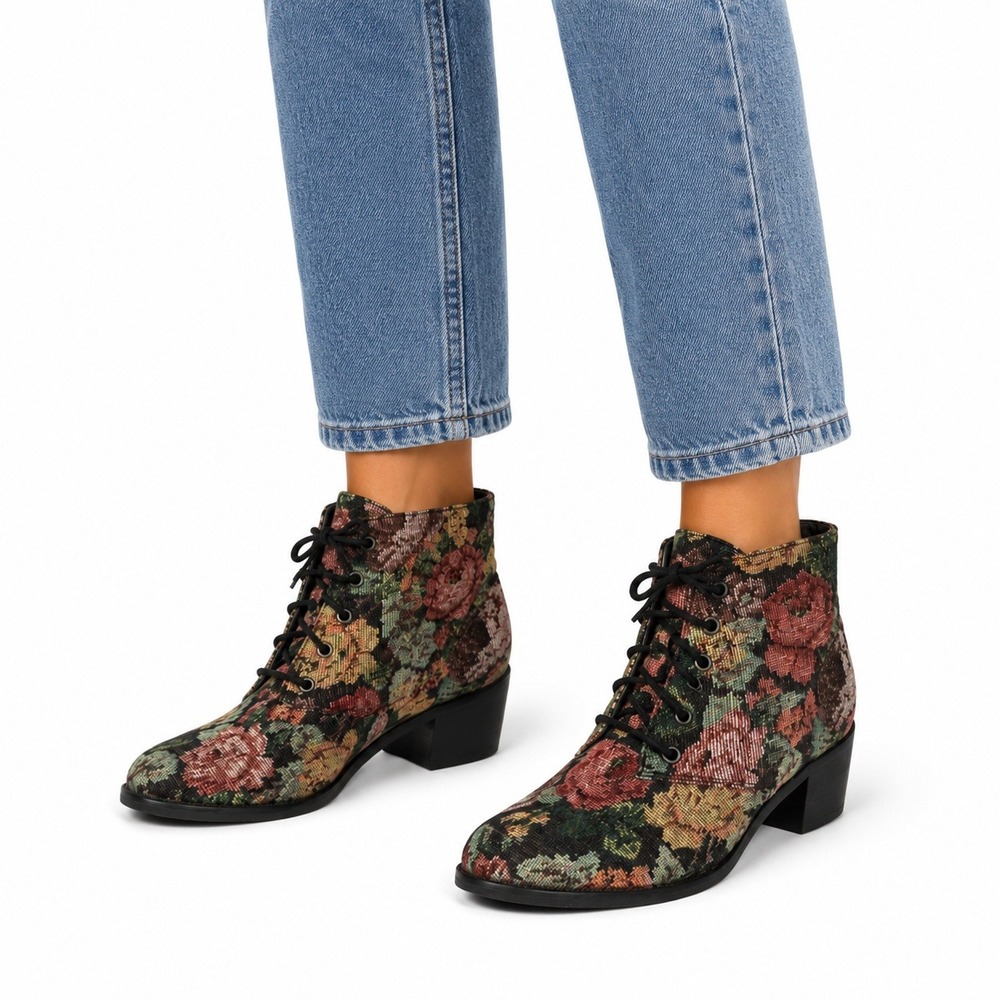 Diba Tapestry Floral Ankle Boots Womens 7.5M Multicolor Lace Up Block Heel Boho
